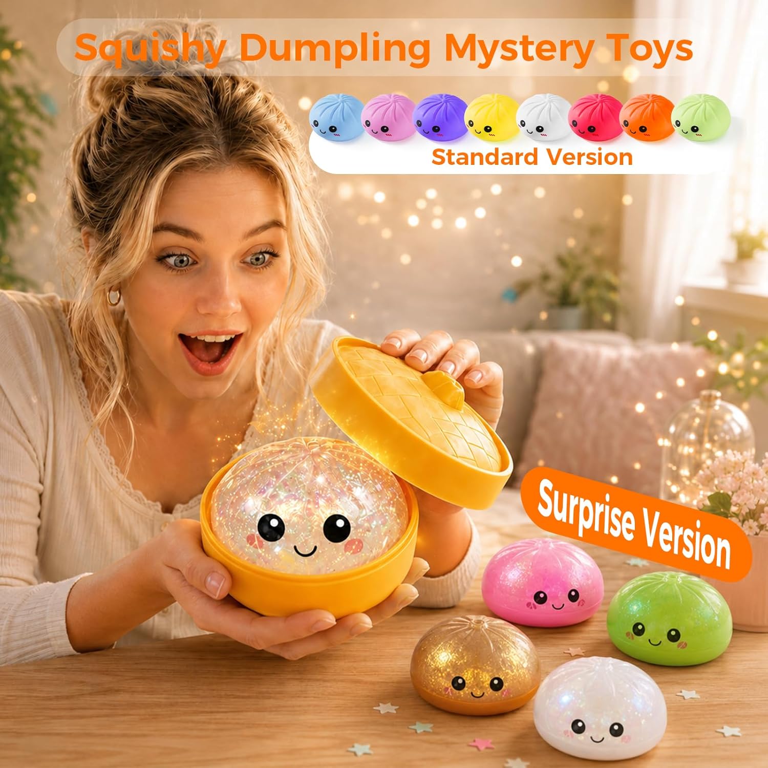 Dumpling Squishy Mystery Box, Random 1 of 14 Colors, Cute Squishy Dumpling Toy, Soft Stretchy Squeeze Toy, Sensory Fidget Toys for Anxiety Relief, Perfect for Party Favors, Birthday Gifts & Desk Toys