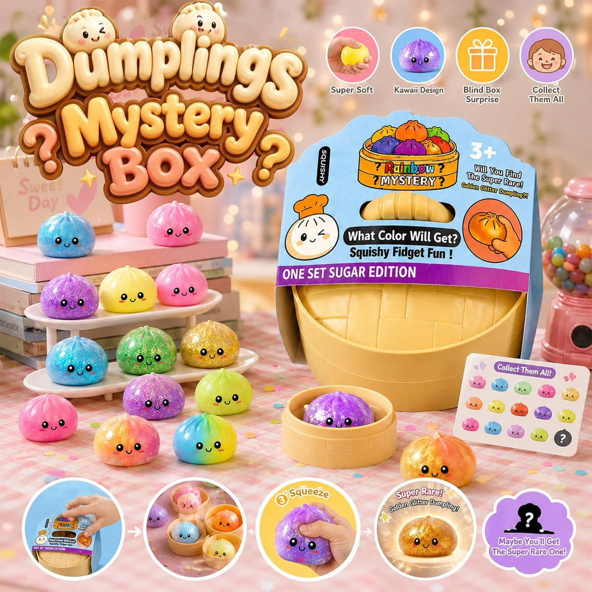 Dumpling Squishy Mystery Box – Stress Relief Sensory Toy with 24 Mystery Colors