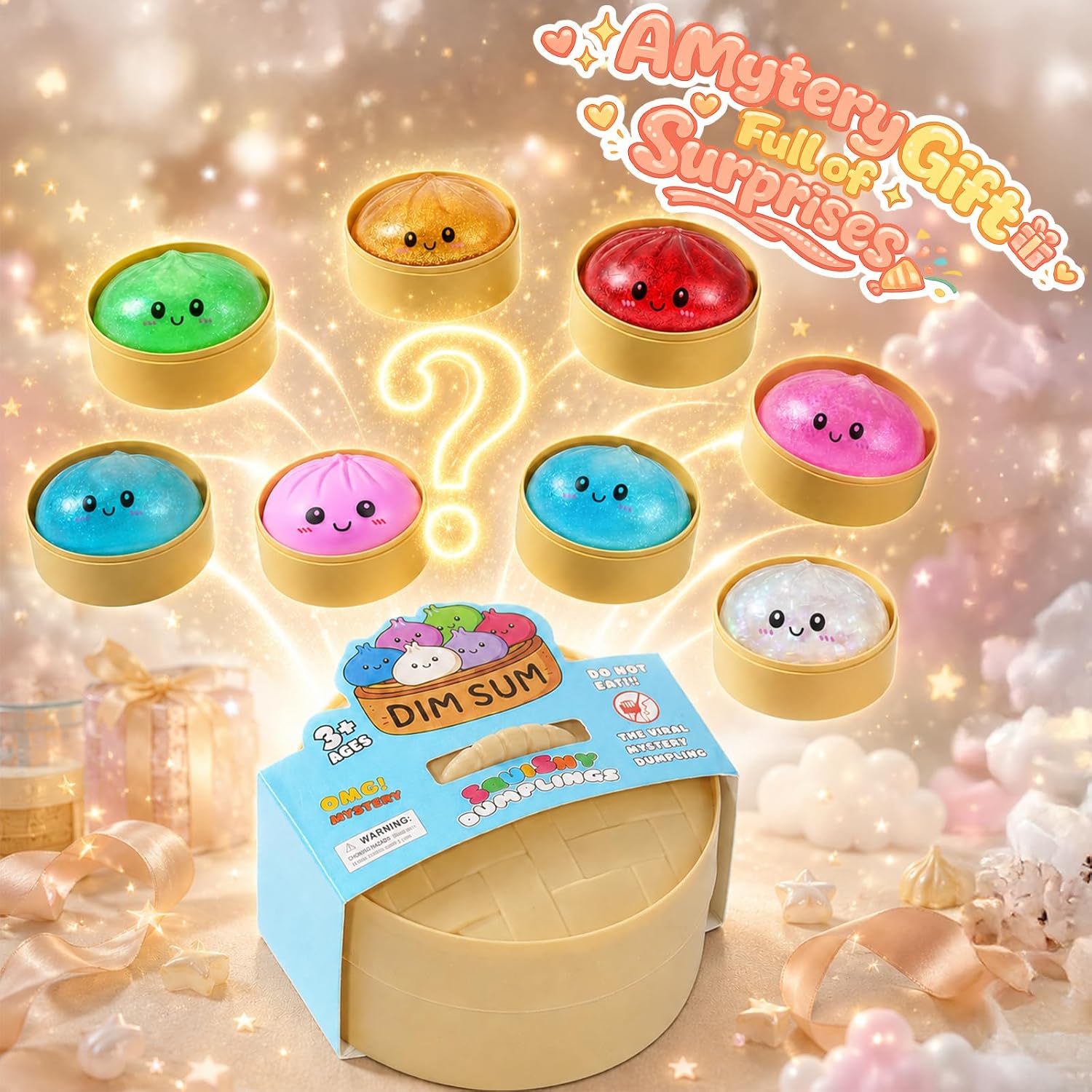 Dumpling Squishy Mystery Box, Random 1 of 14 Colors, Cute Squishy Dumpling Toy, Soft Stretchy Squeeze Toy, Sensory Fidget Toys for Anxiety Relief, Perfect for Party Favors, Birthday Gifts & Desk Toys